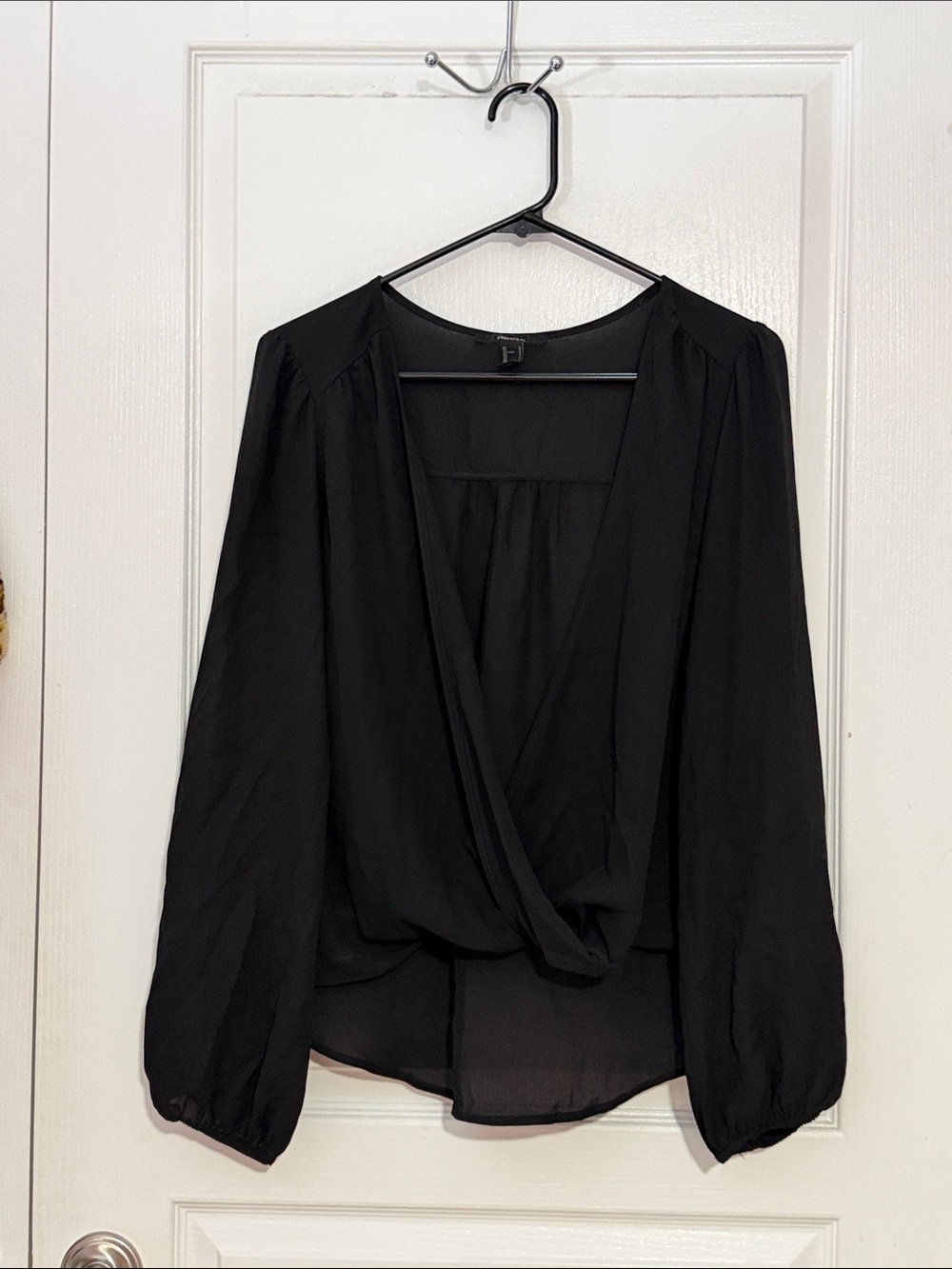 Forever 21 Black Draped Wrap Blouse with Balloon Sleeves
